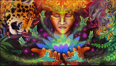 A vibrant psychedelic painting of a meditating female figure crowned with a golden headdress and holding a glowing blue and purple lotus flower, flanked by a jaguar on the left and an eagle on the right, with green butterflies and two blue hummingbirds gathered at the base. Swirling neon organic patterns in magenta, electric blue, bright green, and gold unfold across a dark background, evoking themes of spirituality, meditation, nature, and mysticism.