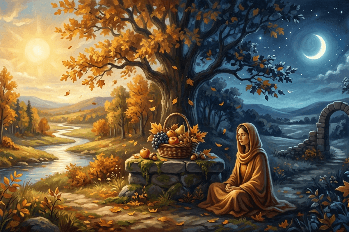 An autumn equinox scene with day and night in balance, the last fruits of the earth offered and leaves beginning to turn, symbolizing the second harvest and release.