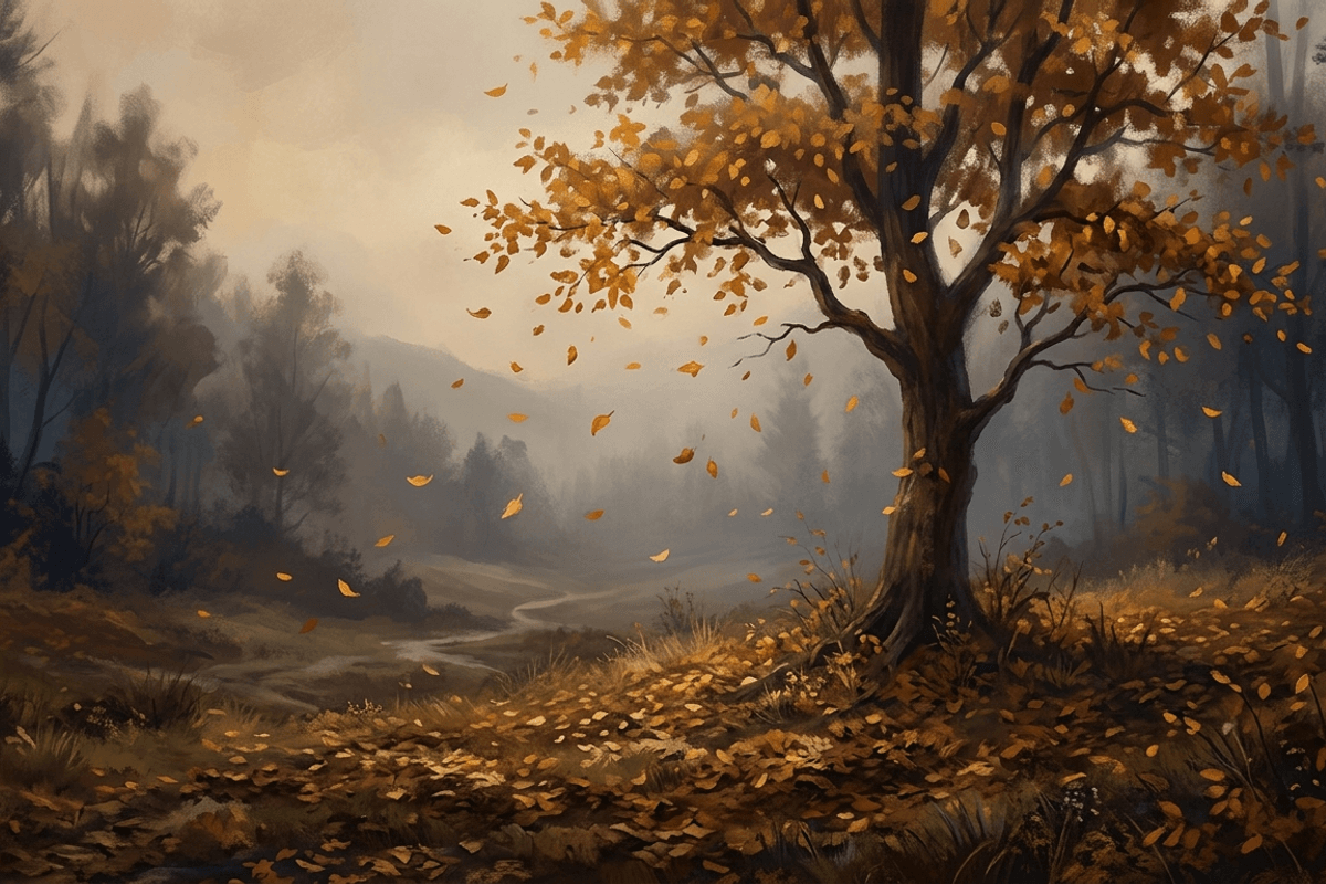 An autumn scene of golden and amber leaves falling gently to the earth as a single tree releases its foliage, symbolizing the Medicine Wheel season of release.