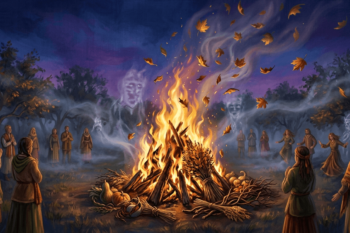 A fire festival scene at the last harvest with a ceremonial bonfire burning at dusk and a thin veil of mist, honoring the threshold between life and death and the ancestors.