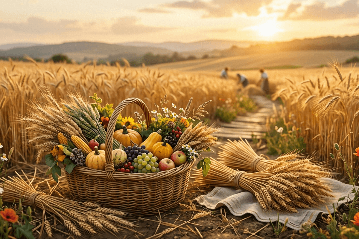 A first harvest scene with golden wheat sheaves gathered and a basket of abundance under warm late-summer light, symbolizing gratitude and abundance.