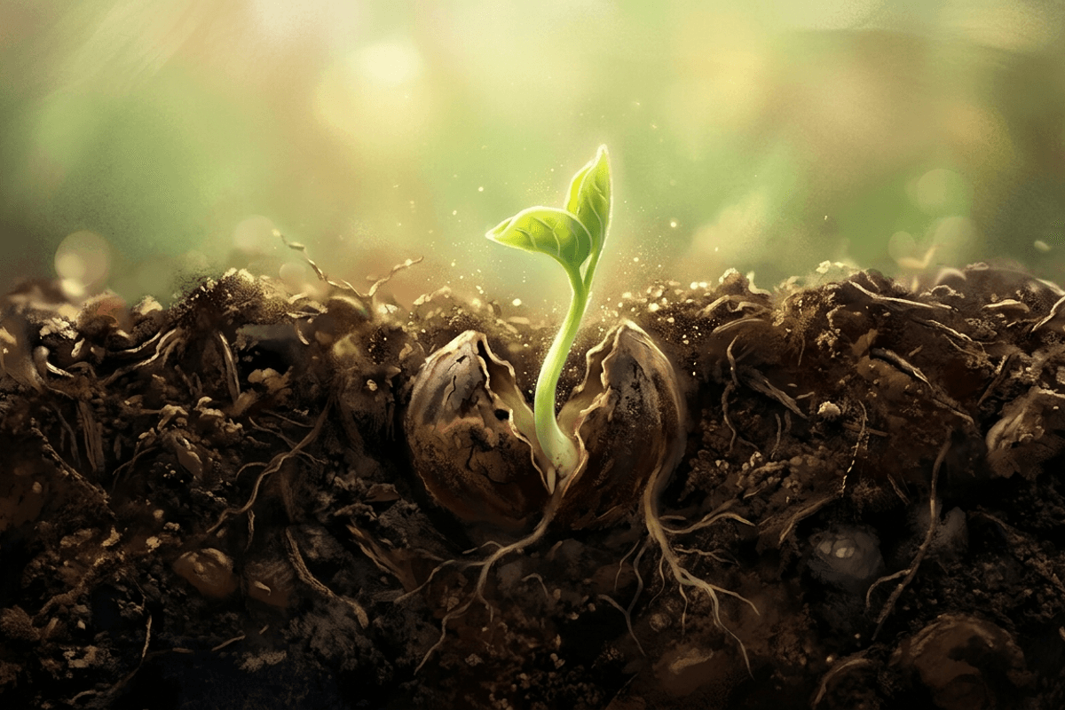 A close-up of a single seed cracking open beneath dark soil with a tender green sprout emerging into faint light, symbolizing germination and spiritual rebirth.