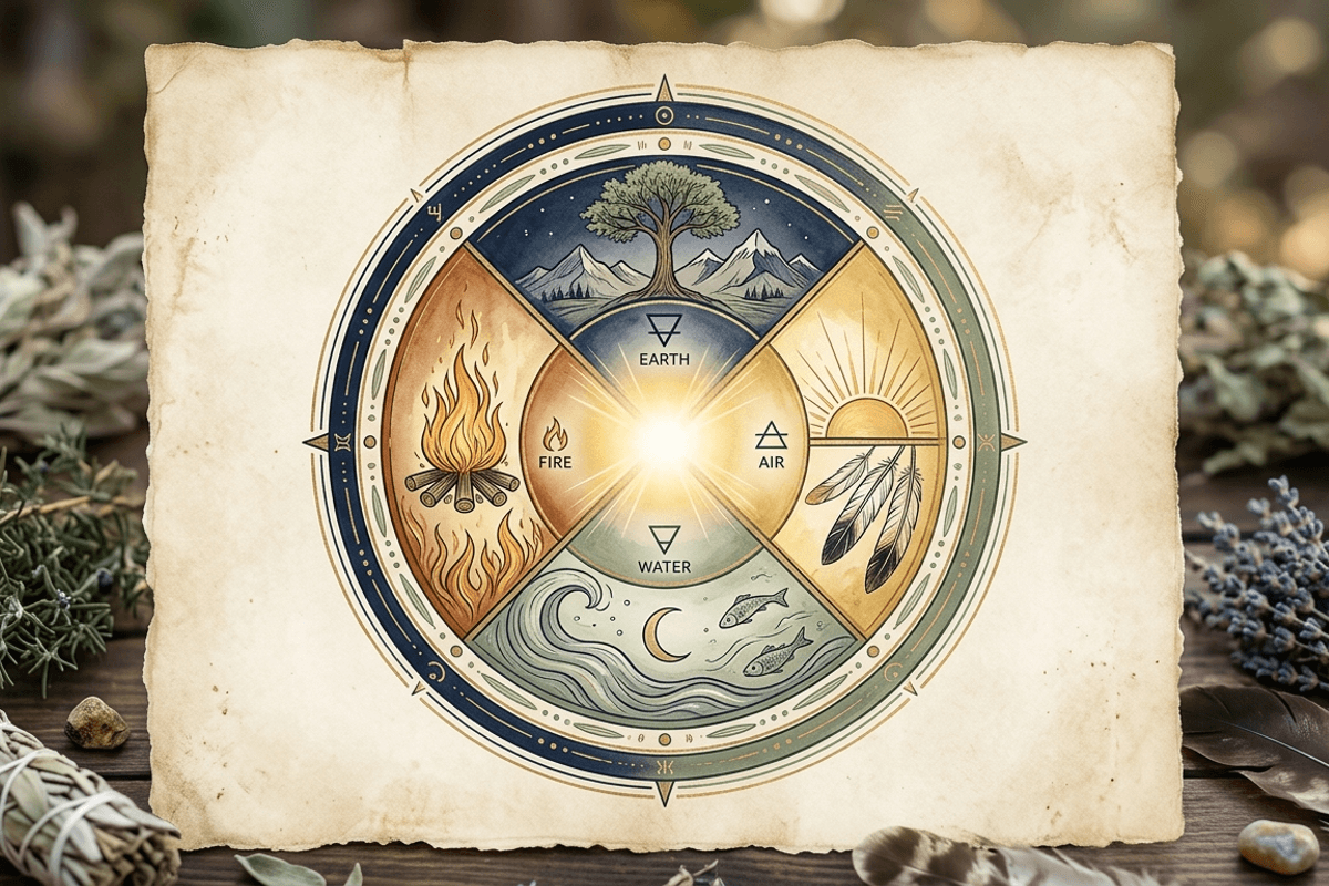 An aerial view of the Medicine Wheel of the Eagle showing the four sacred directions and the elements earth, air, water, and fire arranged in a circle with golden light at its center.