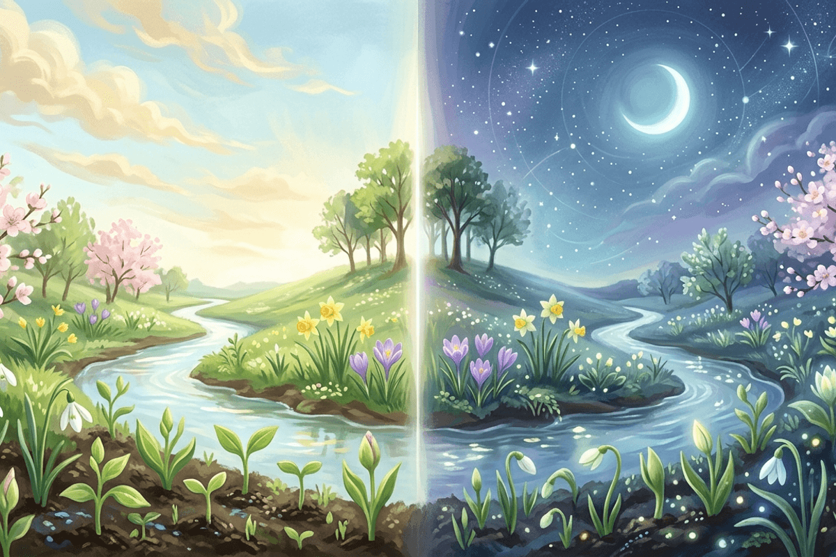 A spring equinox scene with day and night in perfect balance, fresh green shoots breaking through soil and gentle flowing water, symbolizing renewal and balance.