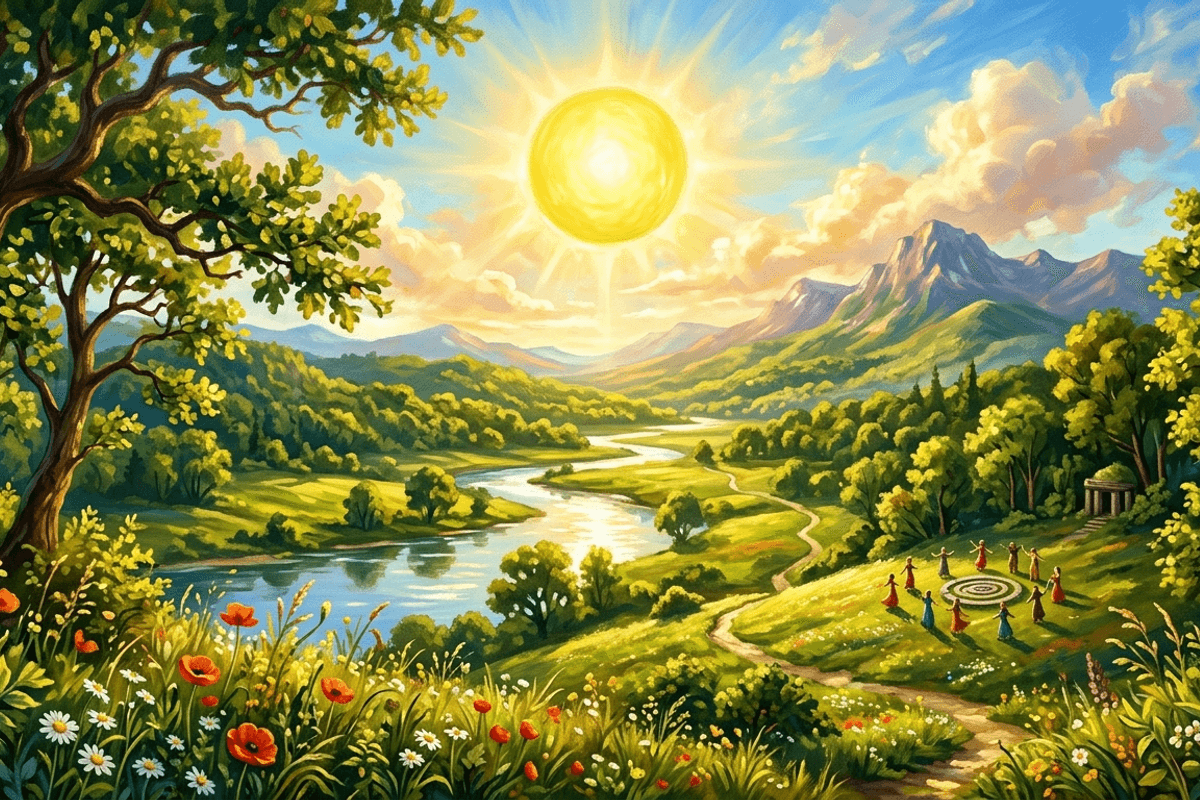 A summer solstice scene with a brilliant golden sun at its highest point over a flourishing green landscape, celebrating the peak of light and vitality.