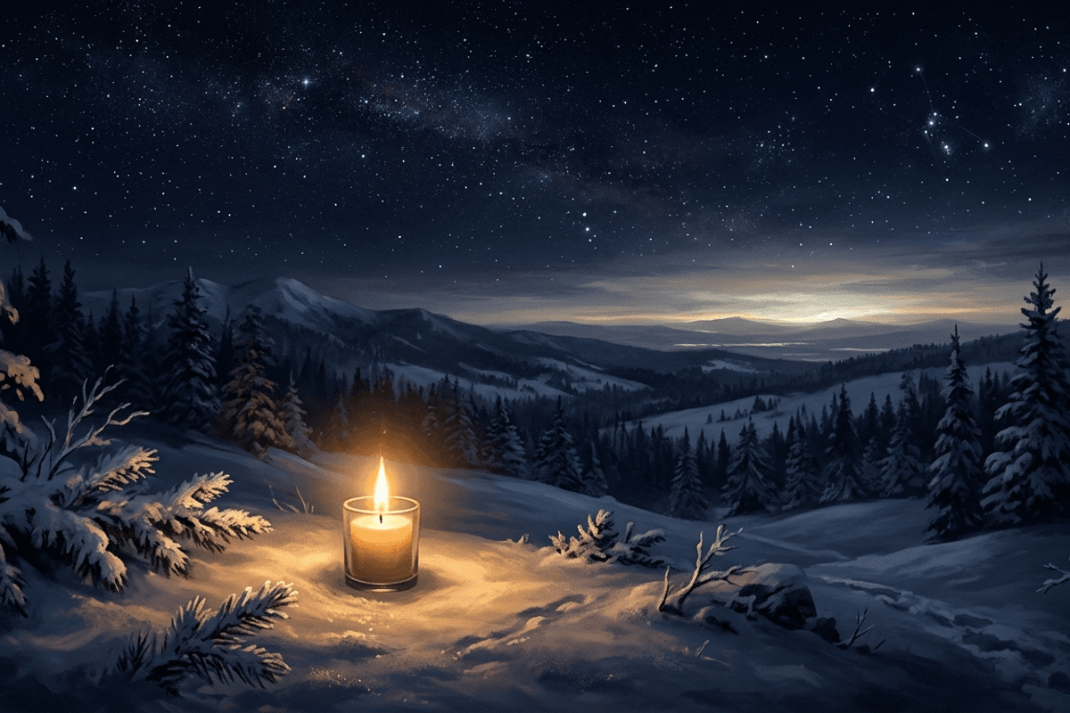 A winter solstice scene at the longest night with a single candle flame glowing in deep darkness above a snow-covered landscape, symbolizing the return of the light.