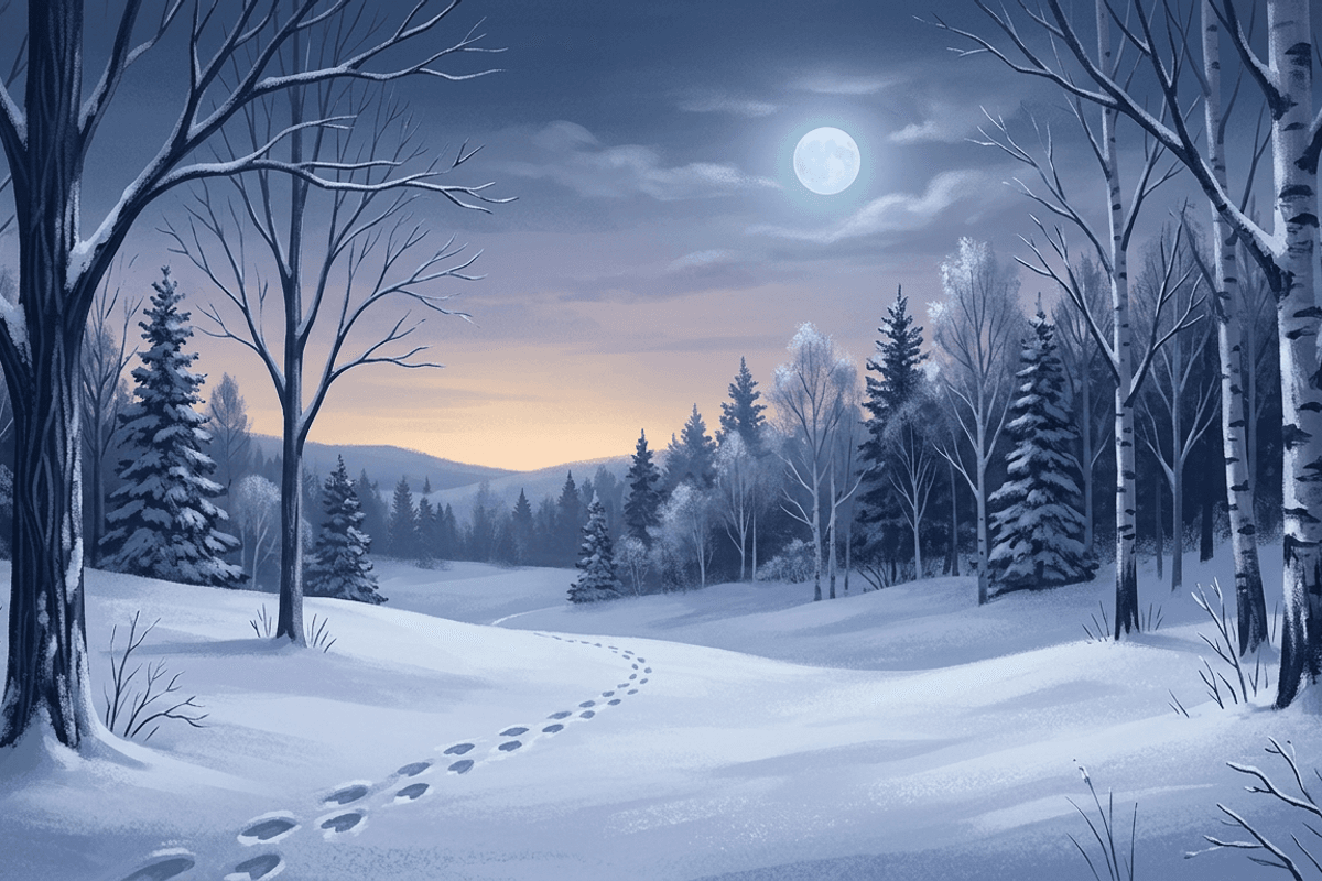A quiet winter landscape at dusk with bare snow-dusted trees and a single animal track in fresh snow, evoking the stillness of the Medicine Wheel winter season.