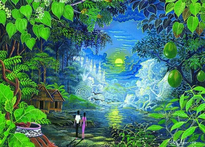 A surrealist tropical landscape where two small human figures — one robed in white, one in pink — stand on a riverbank gazing toward a glowing yellow sun low on the horizon, framed by dense oversized green heart-shaped tropical foliage. A thatched-roof hut nestles among the trees on the left, ethereal white ghostly forms drift through the mist, and distant blue mountains rise beneath a deep blue sky, evoking a sacred journey through nature, fantasy, and spirit.